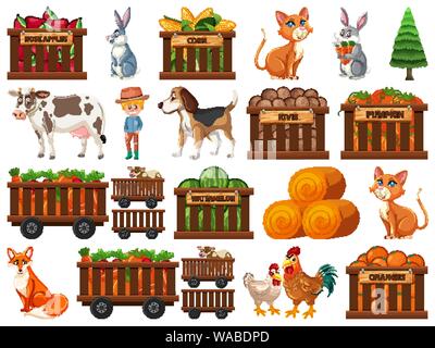Large set of isolated farm objects illustration Stock Vector