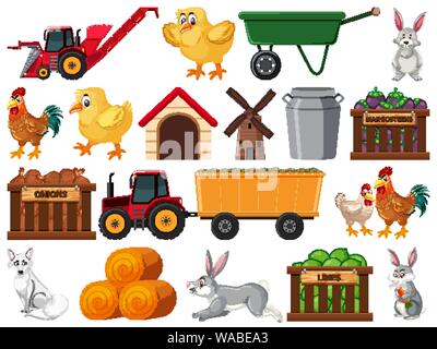 Large set of isolated farm objects illustration Stock Vector