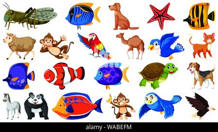 Set of different kinds of fish and birds illustration Stock Vector