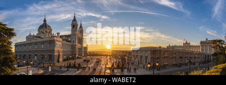 Madrid Spain panorama city skyline sunset at Cathedral de la Almudena Stock Photo