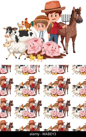 Seamless background design with farmers and animals illustration Stock Vector