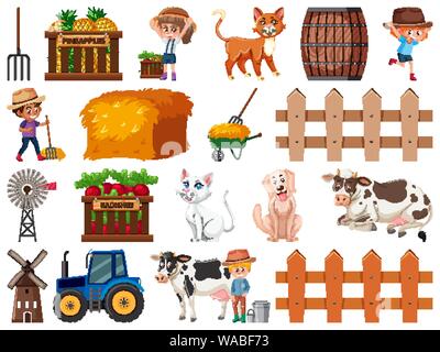 Large set of isolated farm objects illustration Stock Vector
