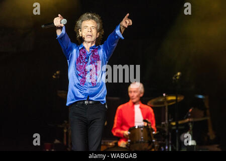 SANTA CLARA, CALIFORNIA - AUGUST 18: Mick Jagger of The Rolling Stones performs at Levi's Stadium on August 18, 2019 in Santa Clara, California. Photo: Chris Tuite/imageSPACE/MediaPunch Stock Photo