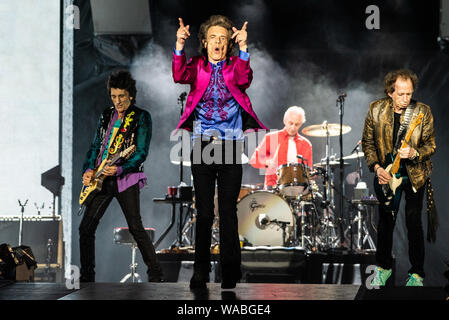 SANTA CLARA, CALIFORNIA - AUGUST 18: Ronnie Wood, Mick Jagger, Charlie Watts and Keith Richards of The Rolling Stones perform at Levi's Stadium on August 18, 2019 in Santa Clara, California. Photo: Chris Tuite/imageSPACE/MediaPunch Stock Photo