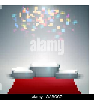 White winners podium with red carpet and confetti. Stage for awards ceremony. Pedestal. Spotlight. Vector illustration. Stock Vector