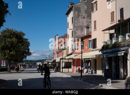 View of shops near street in old town of Rovinj, Istria, Croatia Stock Photo