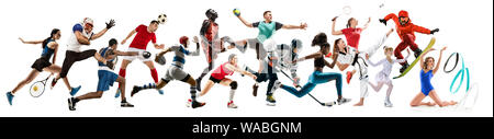 Creative collage of photos of 15 models running and jumping. Advertising, sport, healthy lifestyle, motion, activity, movement concept. American football, soccer, tennis volleyball box badminton rugby Stock Photo