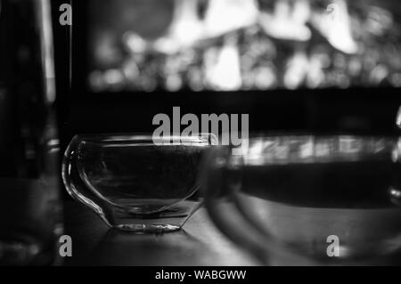 Vacuum glass tea cup for chinese puer tea, close up, macro Stock Photo