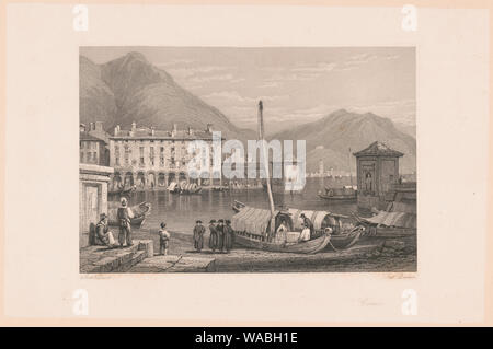 Como Abstract: Print shows a view of the port on Lake Como, with boats and buildings, and with men standing on the shore in the foreground, at Como, Italy. Stock Photo