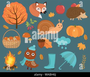 Hello Autumn icons set flat or cartoon style.Collection design elements with leaves, trees, mushrooms, pumpkin, wild animals, umbrella and boots Stock Vector