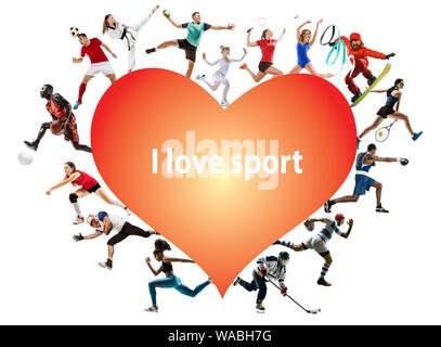 Creative collage of photos of 15 models. I love sport. Ad, healthy lifestyle, motion, activity, movement concept. American football, soccer, tennis volleyball box badminton rugby. White background. Stock Photo