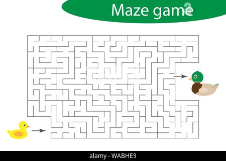 Labyrinth game, help the duckling to find a way out of the maze, cute cartoon character, preschool worksheet activity for kids, task for the Stock Vector