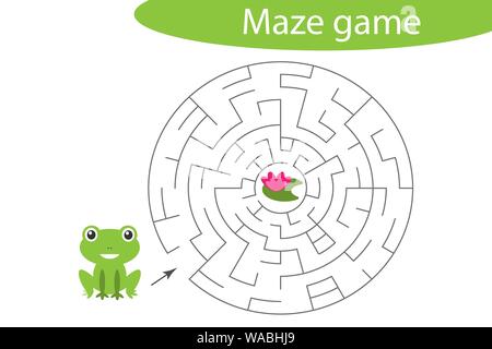 Labyrinth game, help the cute frog to find a way out of the maze, cute cartoon character, preschool worksheet activity for kids, task for the Stock Vector