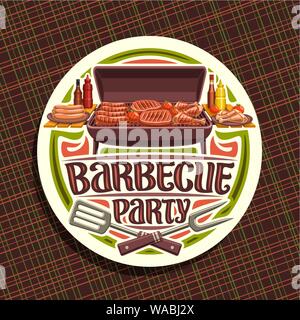 Vector logo for Barbecue Party, white round label with roasted frankfurters, fresh tomato, juicy beefsteak, chicken legs and carving fork, original ty Stock Vector