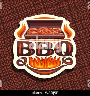 Vector logo for BBQ, white decorative label with roasted frankfurters, fresh tomatoes, juicy beefsteak and chicken legs, original typeface for word bb Stock Vector