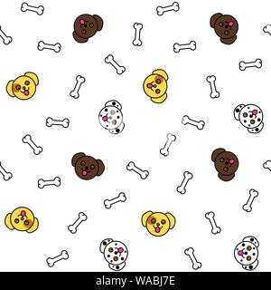 Seamless background pattern with cute dog faces and bones. Funny animal wallpaper vector illustration. Stock Vector