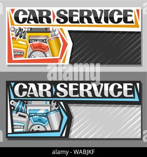 Vector banners for Car Service with copy space, leaflets with set of different auto parts for various mechanic car system, original lettering for word Stock Vector