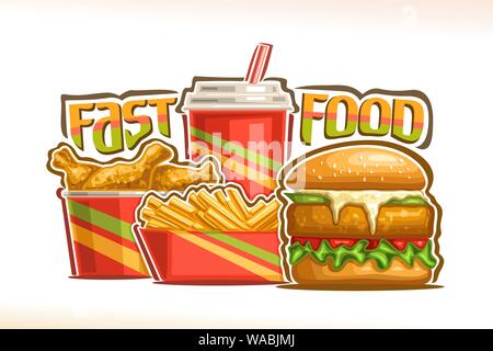 Vector poster for Fast Food, set of fresh chickenburger with fried cutlet and mayonnaise, french fries in cardboard box, fizzy drink in plastic cup, d Stock Vector