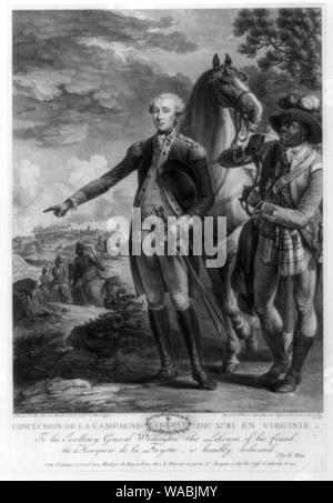 Conclusion de la campagne de 1781 en Virginie. To his excellency General Washington Abstract: Print shows Marquis de Lafayette, full-length portrait, standing, facing front, wearing uniform and holding two swords in left hand while directing American troops during the battle at Yorktown; a black soldier holds his horse behind him on the right. Stock Photo