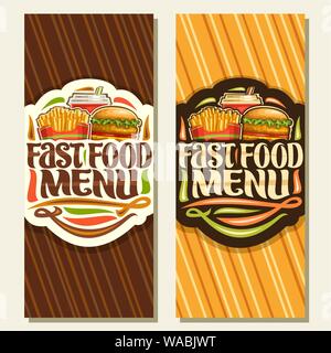 Vector banners for Fast Food, leaflets with set of french fries in cardboard box, fresh chickenburger with fried cutlet & salad, fizzy drink in plasti Stock Vector