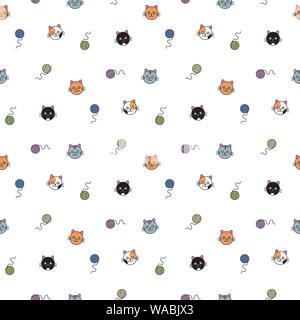 Cute cat faces and balls of wool vector seamless wallpaper pattern. Funny kitten background illustration Stock Vector