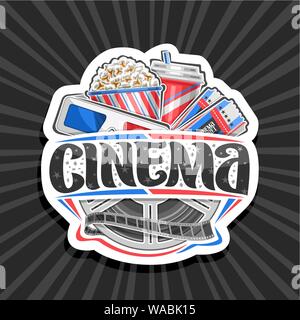 Vector logo for Cinema, decorative label with red and blue 3d glasses, cardboard cup with popcorn, cola and two admission cinema ticket, brush letteri Stock Vector