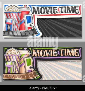 Vector Banners for Movie Time with copy space, design tickets with 3d glasses, cup with popcorn, cola and two admission cinema ticket, brush lettering Stock Vector