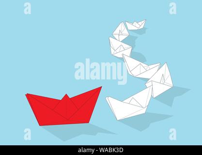 Leadership concept. White paper boats following red one vector illustration. Stock Vector