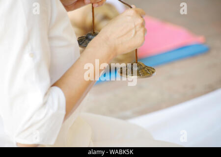 Woman Playing Finger Cymbals at Yoga Class Stock Photo