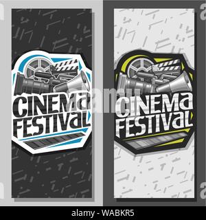 Vector tickets for Cinema Festival, leaflets with professional film equipment and speaking trumpet, original lettering for words cinema festival, illu Stock Vector