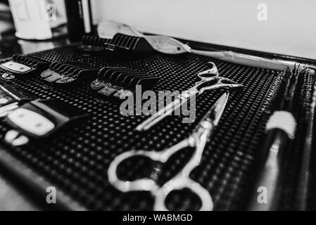 Barber tools. Hairdresser's workplace. A great plan. Black and white photo. Stock Photo