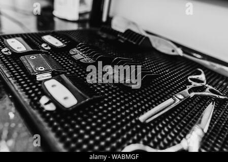 Barber tools. Hairdresser's workplace. A great plan. Black and white photo. Stock Photo