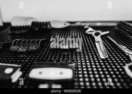 Barber tools. Hairdresser's workplace. A great plan. Black and white photo. Stock Photo