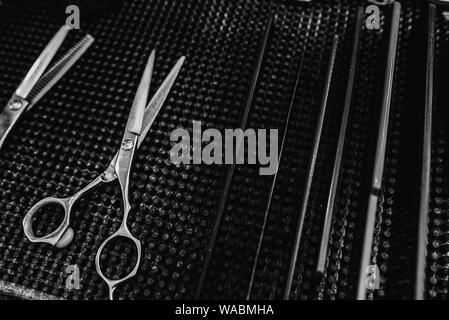 Barber tools. Hairdresser's workplace. A great plan. Black and white photo. Stock Photo