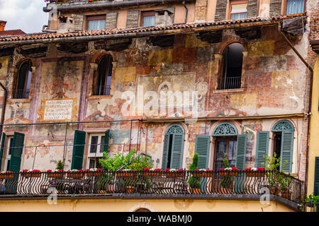 Detail of Mazzanti Houses in Verona, Italy. This buildings was owned and frescoed by Mazzanti family at 16th century. Stock Photo