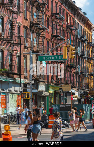 Bedford Avenue Williamsburg, view in summer of Bedford Avenue in the center of Williamsburg, Brooklyn, New York City, USA Stock Photo