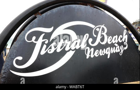 Newquay, Cornwall, UK. 16th Aug, 2019. Sign of Fistral Beach, Newquay.UK's centre of Surfing is around the varied coastline and beaches of Cornwall in the very south west of the mainland. Surfers head there every summer and there are numerous, surf school, surf shops dotted around the popular Cornish towns. Credit: Keith Mayhew/SOPA Images/ZUMA Wire/Alamy Live News Stock Photo