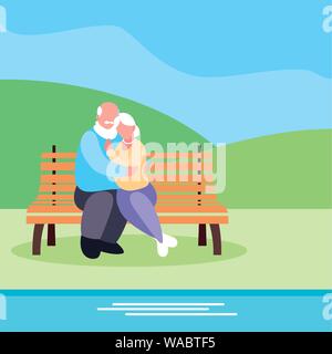 cute old couple seated in chair of park vector illustration design Stock Vector