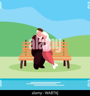 cute old couple seated in chair of park vector illustration design Stock Vector