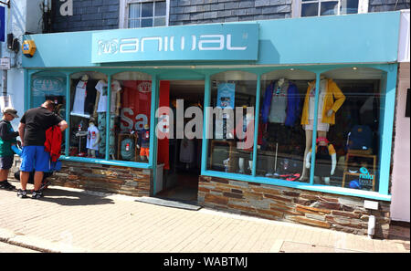 Newquay, Cornwall, UK. 16th Aug, 2019. Animal surf store in Padstow's small fishing harbour.UK's centre of Surfing is around the varied coastline and beaches of Cornwall in the very south west of the mainland. Surfers head there every summer and there are numerous, surf school, surf shops dotted around the popular Cornish towns. Credit: Keith Mayhew/SOPA Images/ZUMA Wire/Alamy Live News Stock Photo