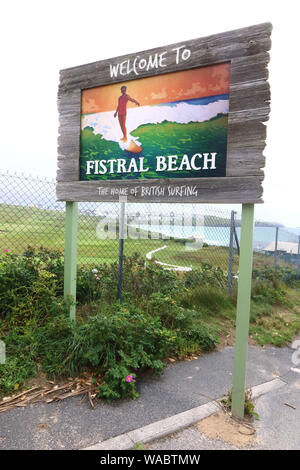 Newquay, Cornwall, UK. 16th Aug, 2019. Sign of Fistral Beach, Newquay.UK's centre of Surfing is around the varied coastline and beaches of Cornwall in the very south west of the mainland. Surfers head there every summer and there are numerous, surf school, surf shops dotted around the popular Cornish towns. Credit: Keith Mayhew/SOPA Images/ZUMA Wire/Alamy Live News Stock Photo