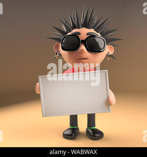 3d punk rock cartoon character with spikey hair holding a blank placard ...