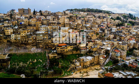 Jerusalem, Israel, February 22, 2016, View above roofs of old town jerusalem called city of david with a lot of litter between ancient buildings Stock Photo