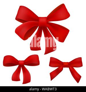 Decorative red bows isolated on white. Vector set of beautiful bows for holiday design. Stock Vector