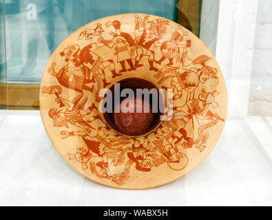 Yekaterinburg, Russia - January 17, 2019: ancient ceramic vase with a mythological scene, Moche culture, AD 900-200 Stock Photo