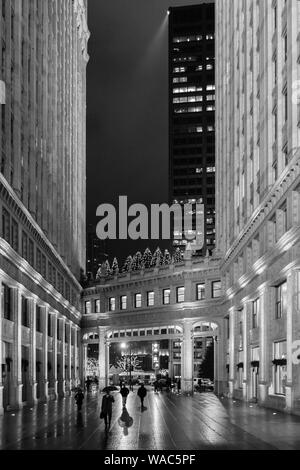 Rainy Night in Chicago Around The Wrigley Building Stock Photo