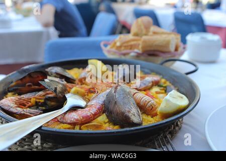 Paella Seafood in Barcelona Spain Spanish traditional cooking by the beach in Barcelona Spain Stock Photo