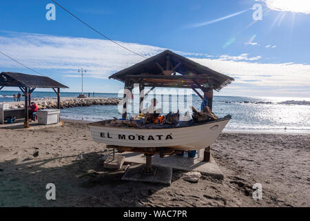 Preparing espeto de sardinas, sardine spit, Restaurante El Morata , Pedregalejo, Malaga, Andalucia, Spain Stock Photo