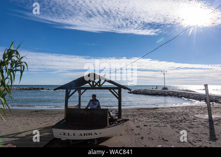 Preparing espeto de sardinas, sardine spit, Restaurante El Cabra , Pedregalejo, Malaga, Andalucia, Spain Stock Photo