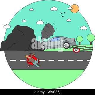 Disaster Accident Tragedy of Car Collision, Crash. A man crashed in a car on a rock without observing the speed limit Stock Vector